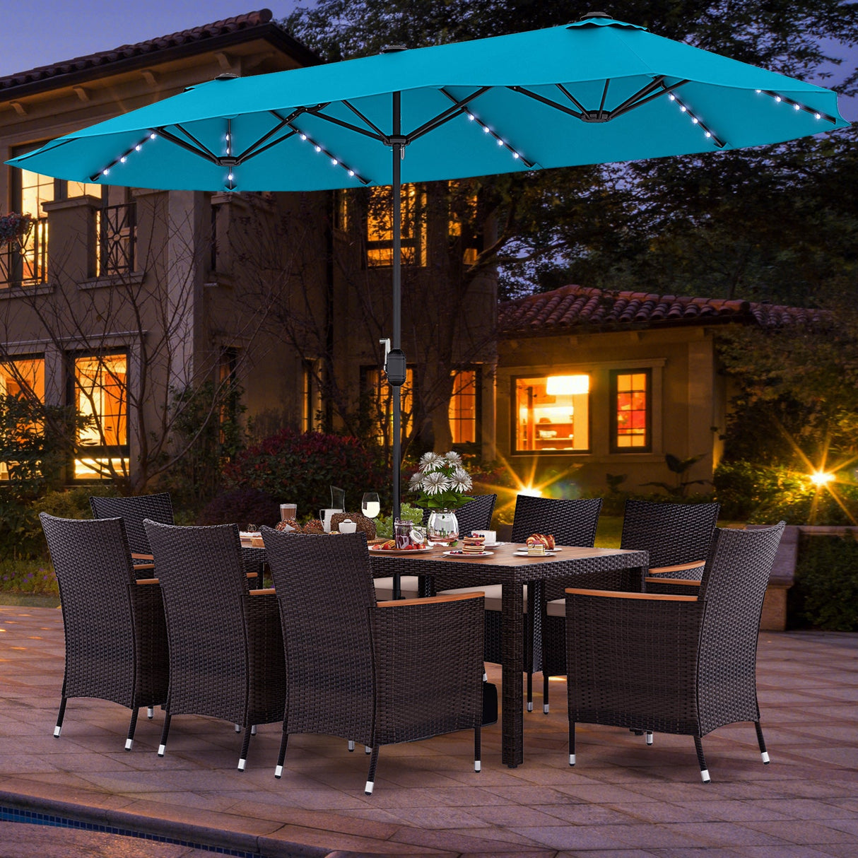 Juego de comedor para exteriores de 10 piezas con sombrilla doble de patio de 4.5 metros