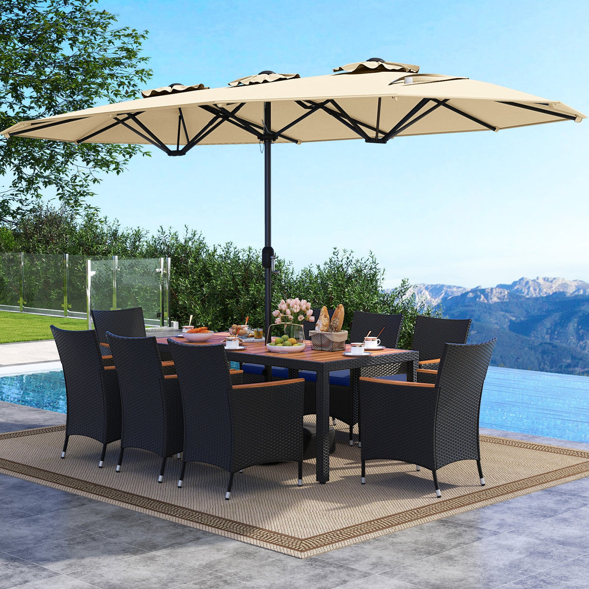 Juego de comedor para patio de 10 piezas con sombrilla doble de 4.5 metros