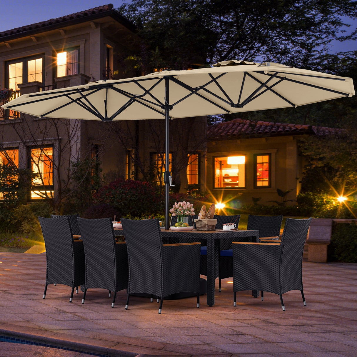 Juego de comedor para patio de 10 piezas con sombrilla doble de 4.5 metros