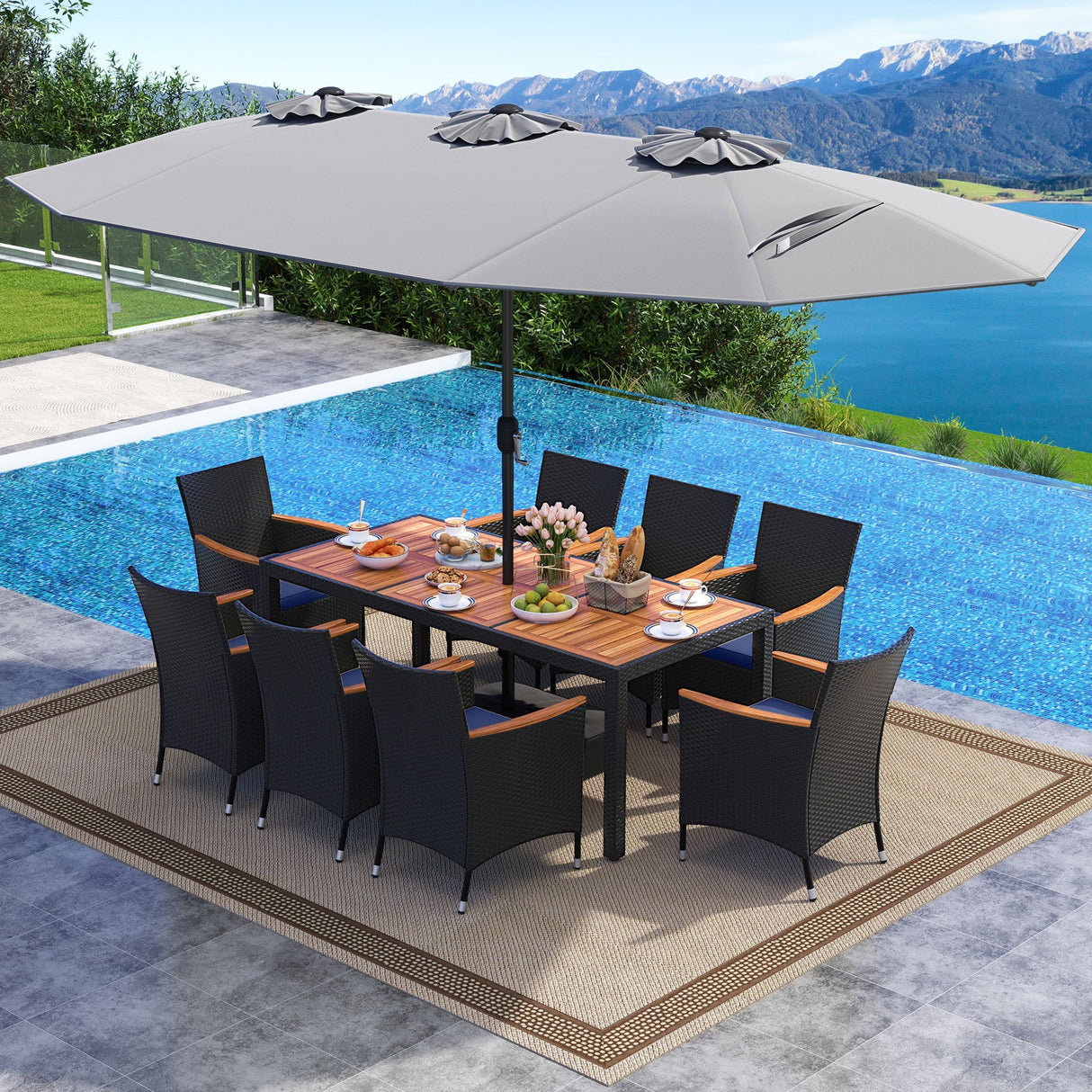 Juego de comedor para patio de 10 piezas con sombrilla doble de 4.5 metros