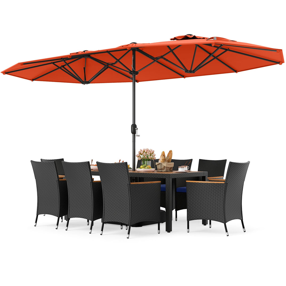 Juego de comedor para patio de 10 piezas con sombrilla doble de 4.5 metros
