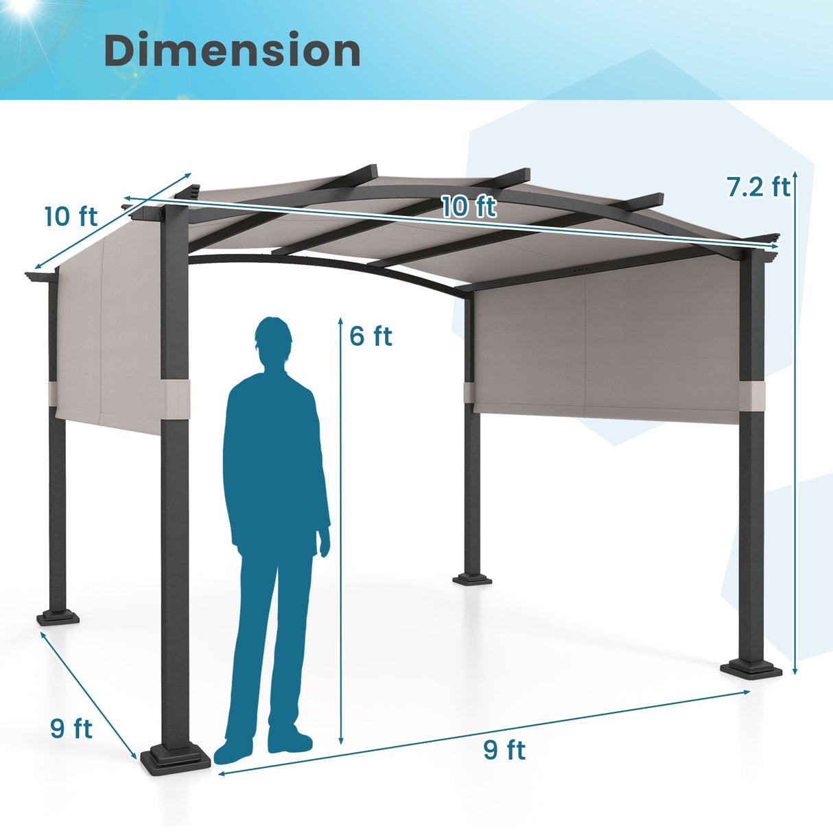 10 x 10 ft Outdoor Pergola Modern Arched Patio Garden Shelter with Retractable Sunshade Canopy