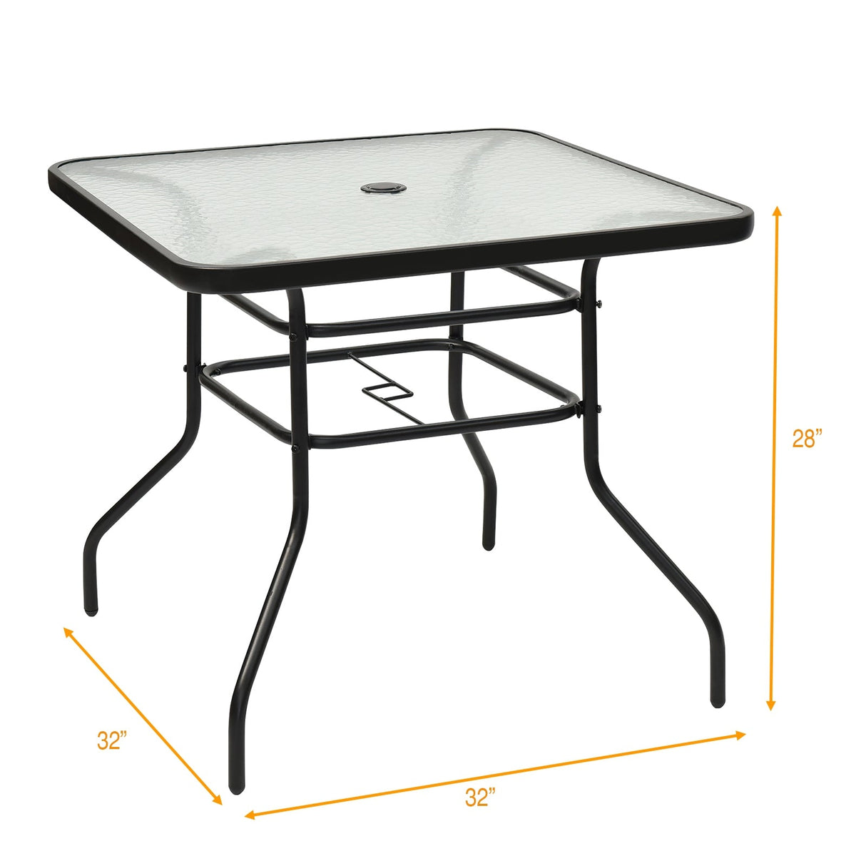 Mesa cuadrada de 32 pulgadas para patio con marco de acero y cristal templado