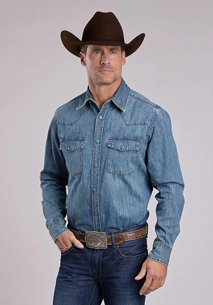 Camisa vaquera Stetson de mezclilla con broches turquesa (azul) - para hombre