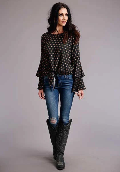 Stetson 00442 Blusa de mujer con mangas acampanadas y lunares de caballo (negro)