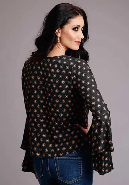 Stetson 00442 Blusa de mujer con mangas acampanadas y lunares de caballo (negro)