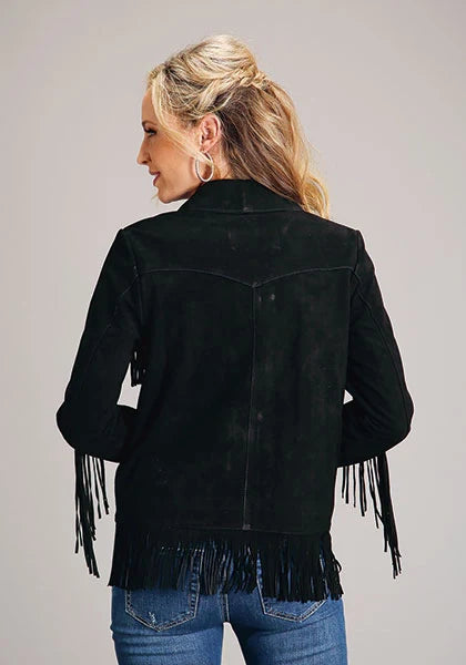 Chaqueta Stetson con flecos y botones delanteros (Negro) - Chaqueta de mujer de ante de cordero