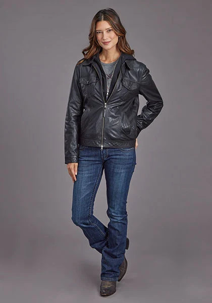 Chaqueta de cuero Stetson con capucha estilo vaquero (negra) - Para mujer