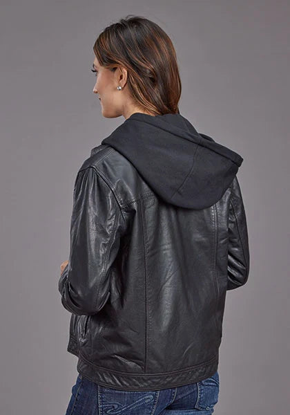Chaqueta de cuero Stetson con capucha estilo vaquero (negra) - Para mujer