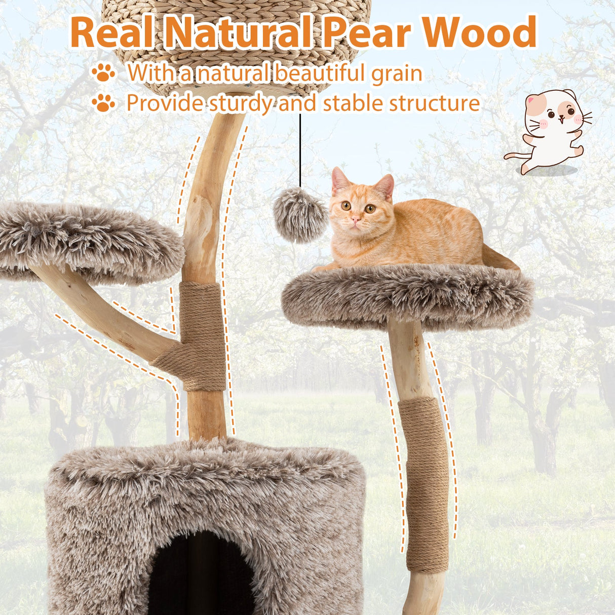 Árbol para gatos de madera maciza, árbol para gatos de peral con plataforma y postes rascadores de sisal - Marrón