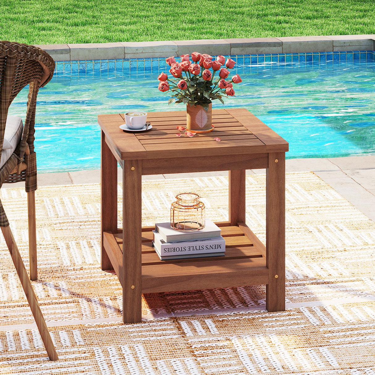 Mesa Auxiliar Exterior de 2 Niveles con Estante de Almacenamiento para Patio