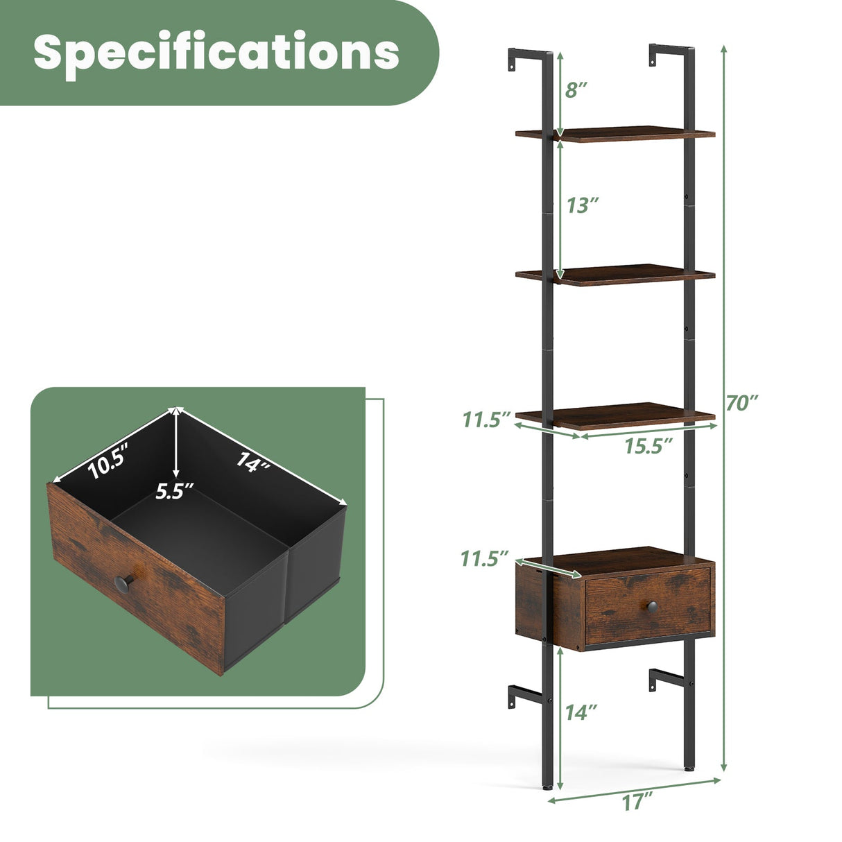 Estantería escalera de 5 niveles con cajón y estructura metálica para estudio y oficina en casa - Marrón rústico