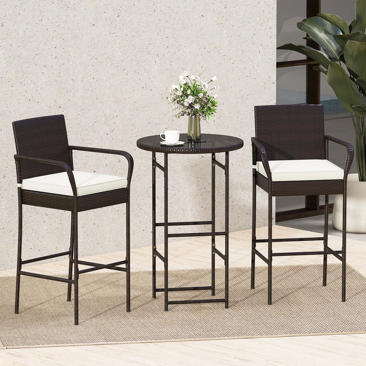 Set de bar de exterior de 3 piezas con 2 cojines para porche y patio - Blanco