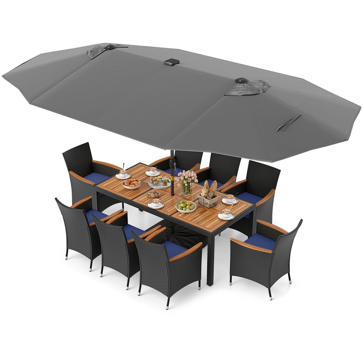 Juego de comedor de patio de 11 piezas con sombrilla LED para patio con base y cojines de asiento (azul marino)