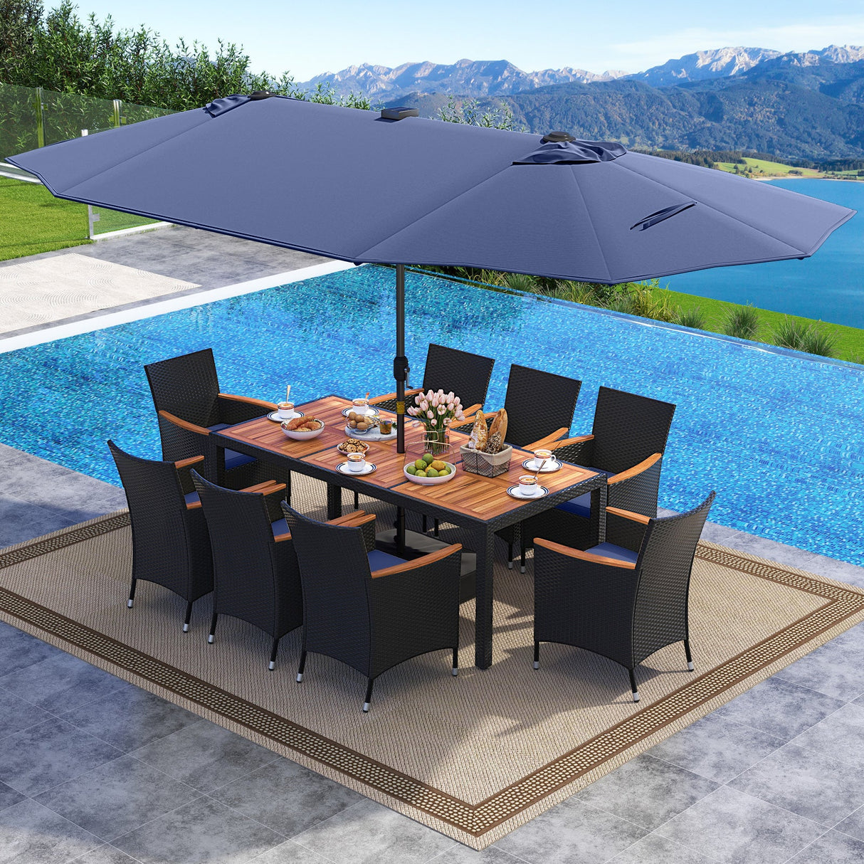 Juego de comedor de patio de 11 piezas con sombrilla LED para patio con base y cojines de asiento (azul marino)