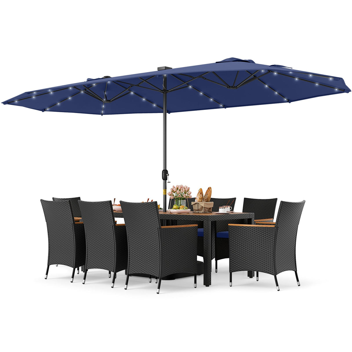 Juego de comedor de patio de 11 piezas con sombrilla LED para patio con base y cojines de asiento (azul marino)