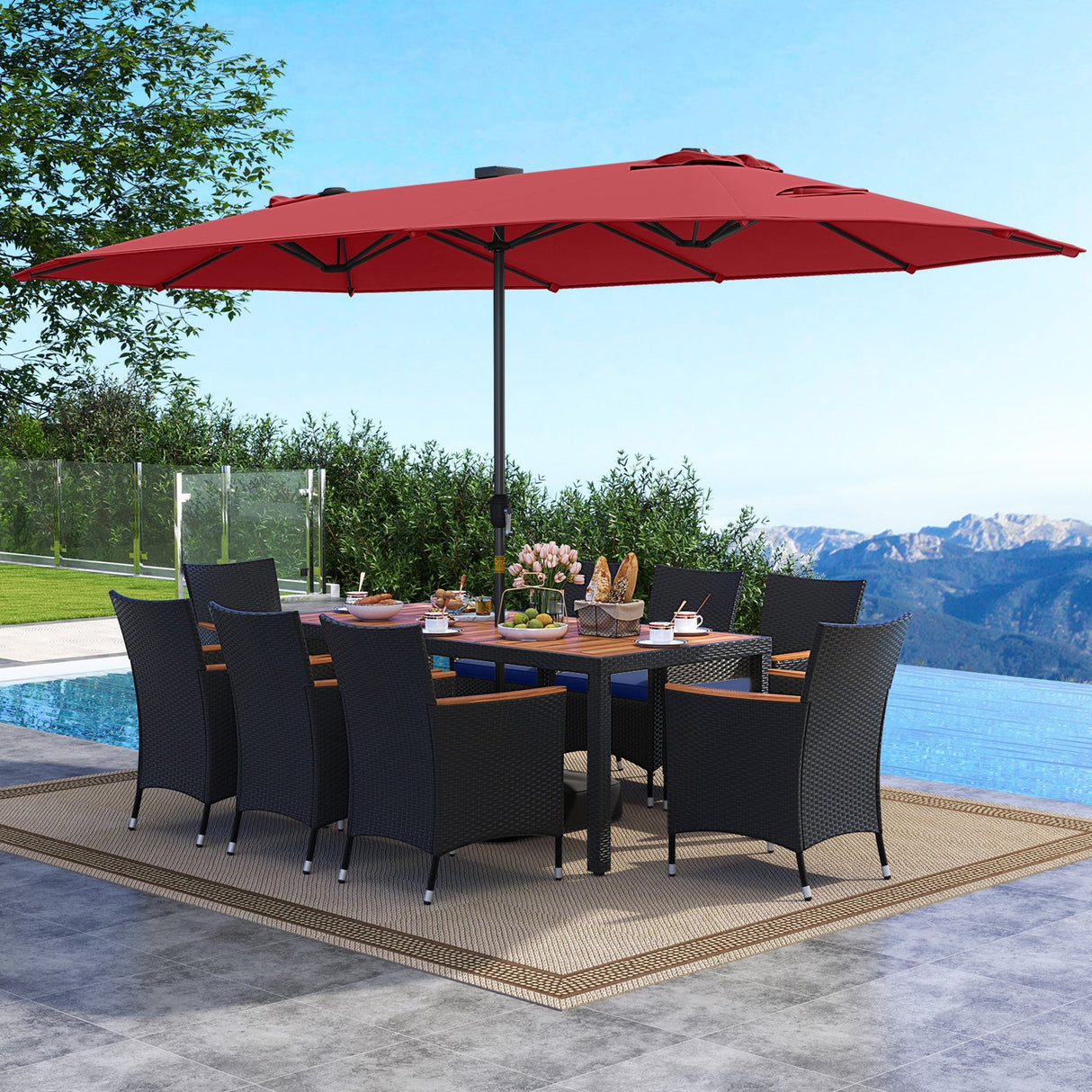 Juego de comedor de patio de 11 piezas con sombrilla LED para patio con base y cojines de asiento (azul marino)