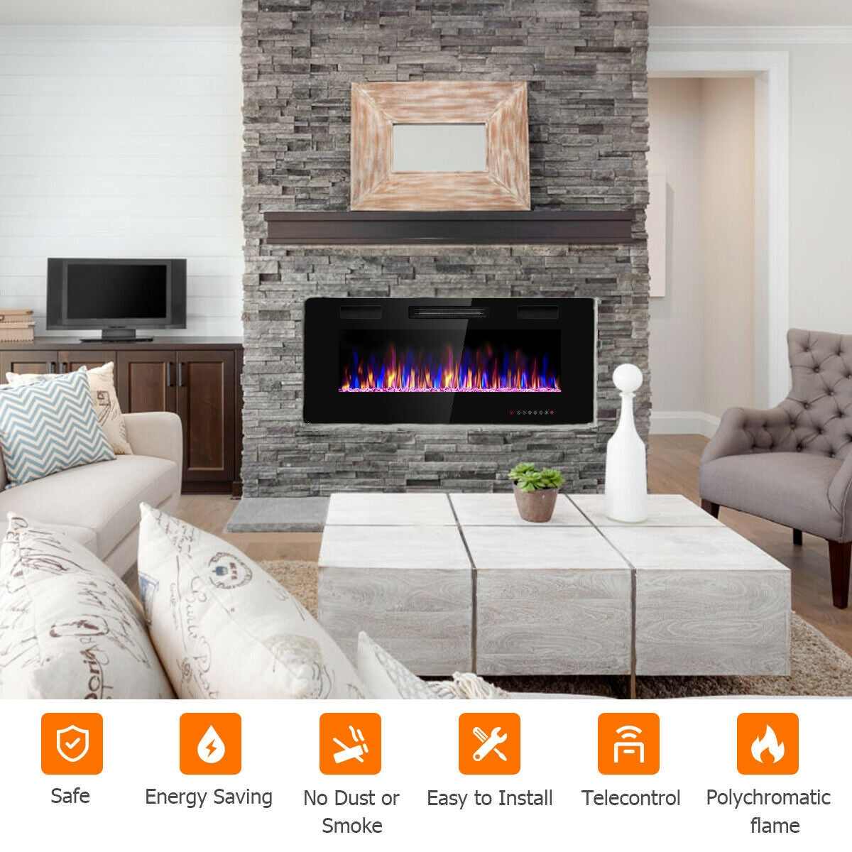 Chimenea eléctrica empotrada ultrafina de 42 pulgadas con temporizador
