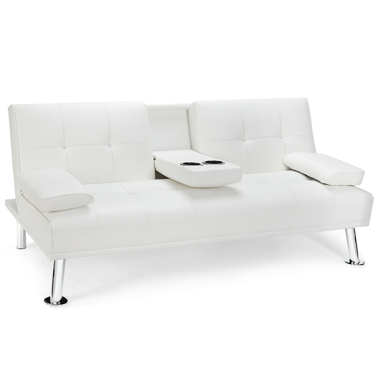 Convertible Folding Leather Futon Sofa with Cup Holders and Armrests
