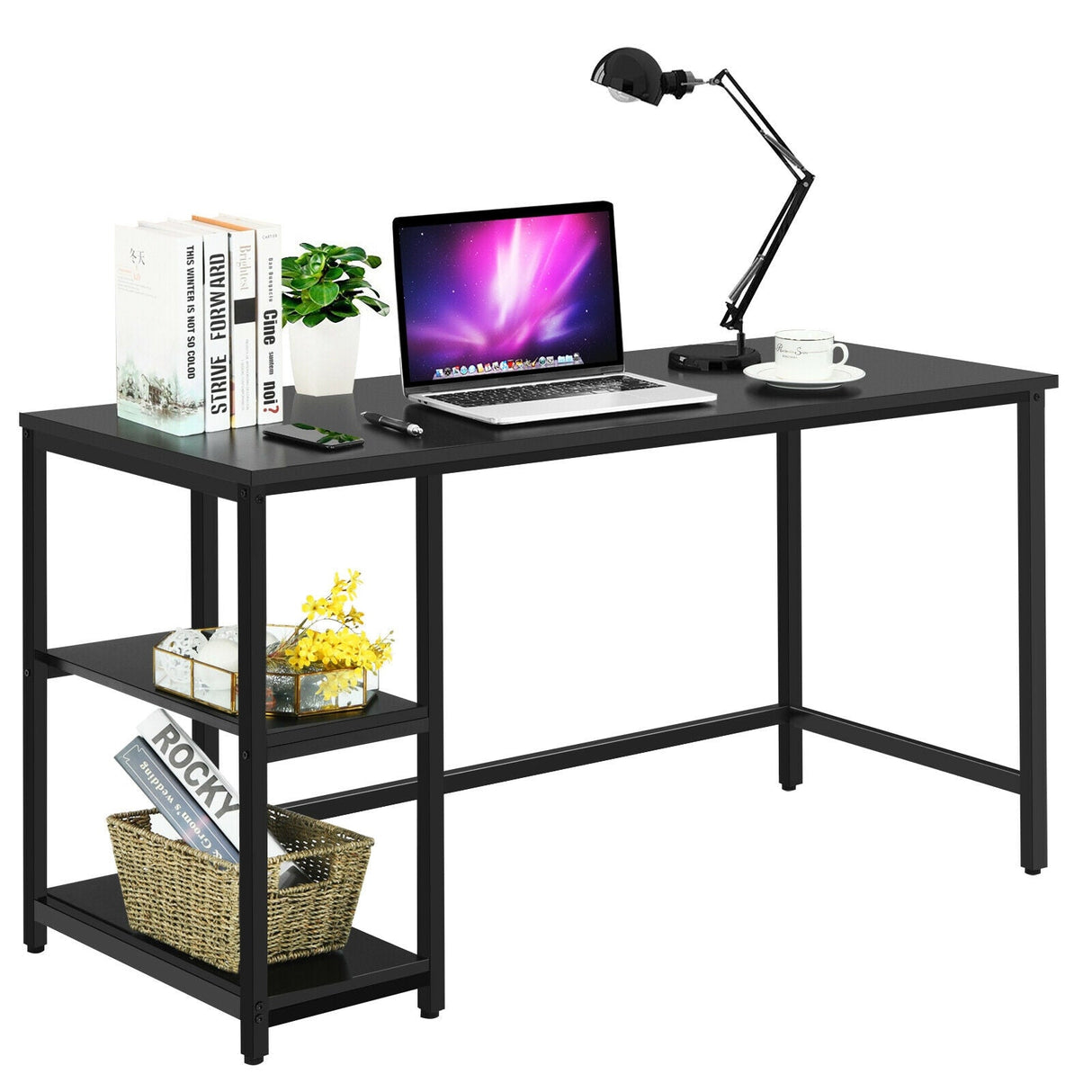 Escritorio de ordenador de 47 pulgadas, mesa de estudio, estación de trabajo para el hogar con estante ajustable, negro