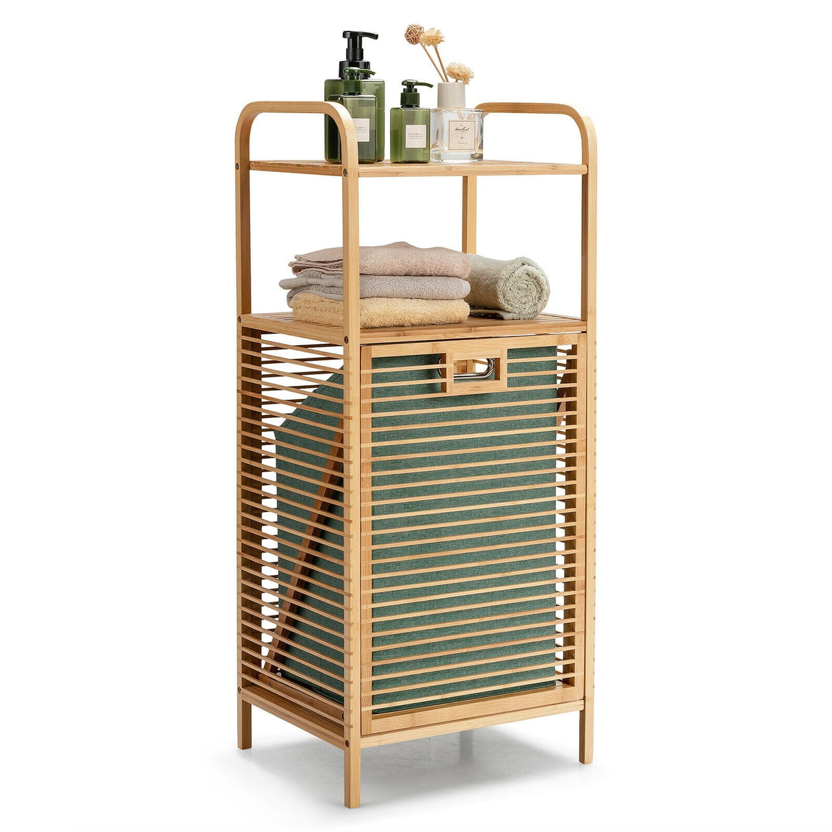 Tilt-out Bamboo Laundry Hamper with 2-Tier Shelf and Removable Liner-Natural