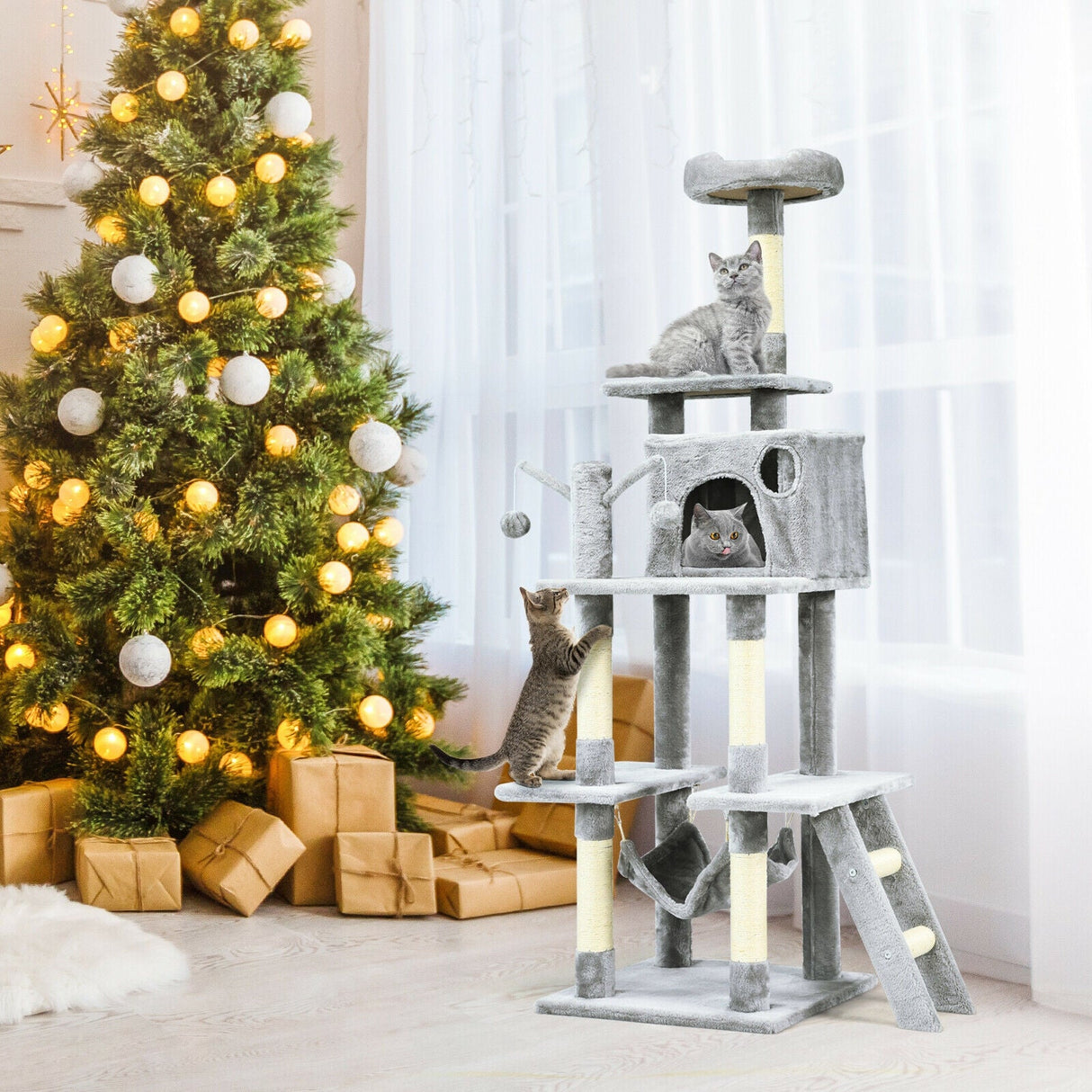 Árbol para gatos de 66 pulgadas, condominio, centro de actividades multinivel para gatitos - Gris