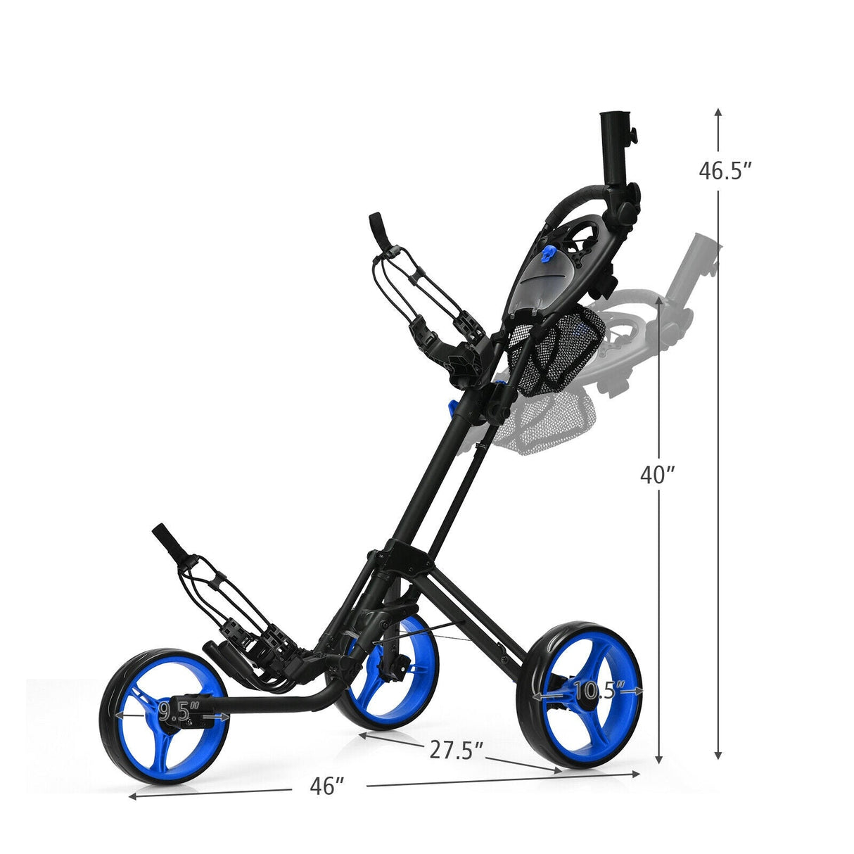 Carro de golf plegable de 3 ruedas con freno, marcador y mango ajustable