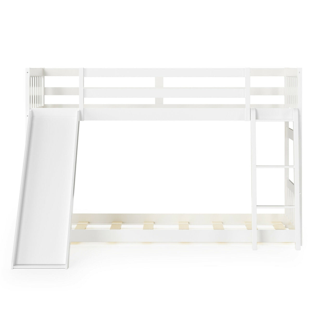 Twin over Twin Bunk Wooden Low Bed with Slide Ladder for Kids