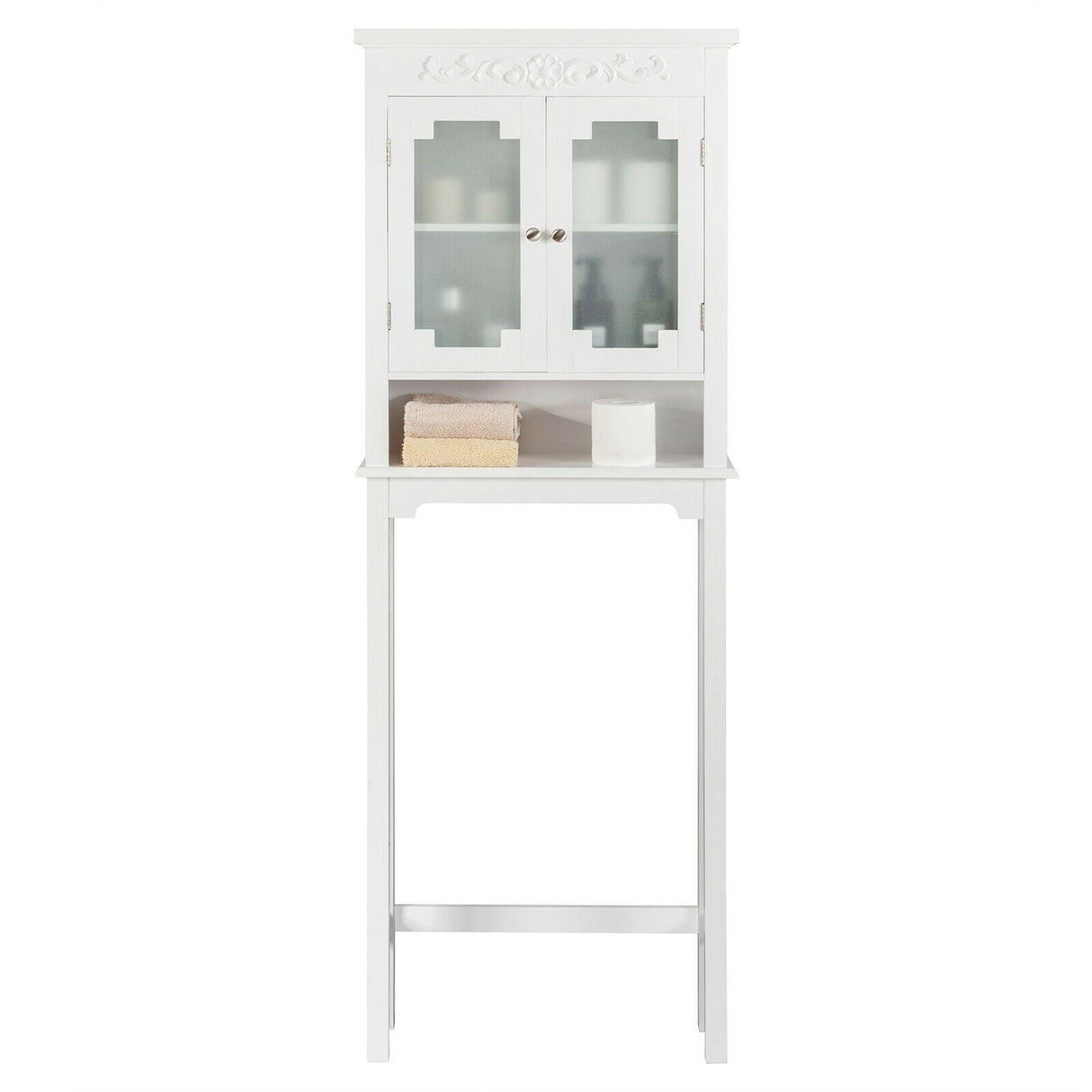 Ahorrador de espacio de baño, estante para inodoro con parte superior tallada y estante ajustable
