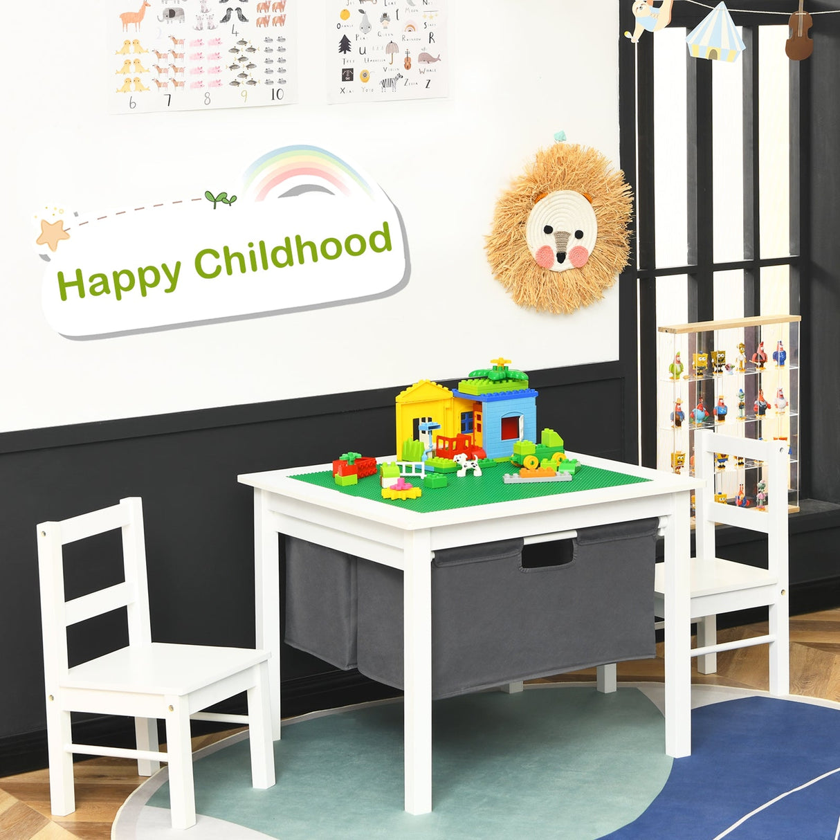 Juego de mesa de actividades 2 en 1 para niños y 2 sillas con mesa de bloques de construcción con almacenamiento