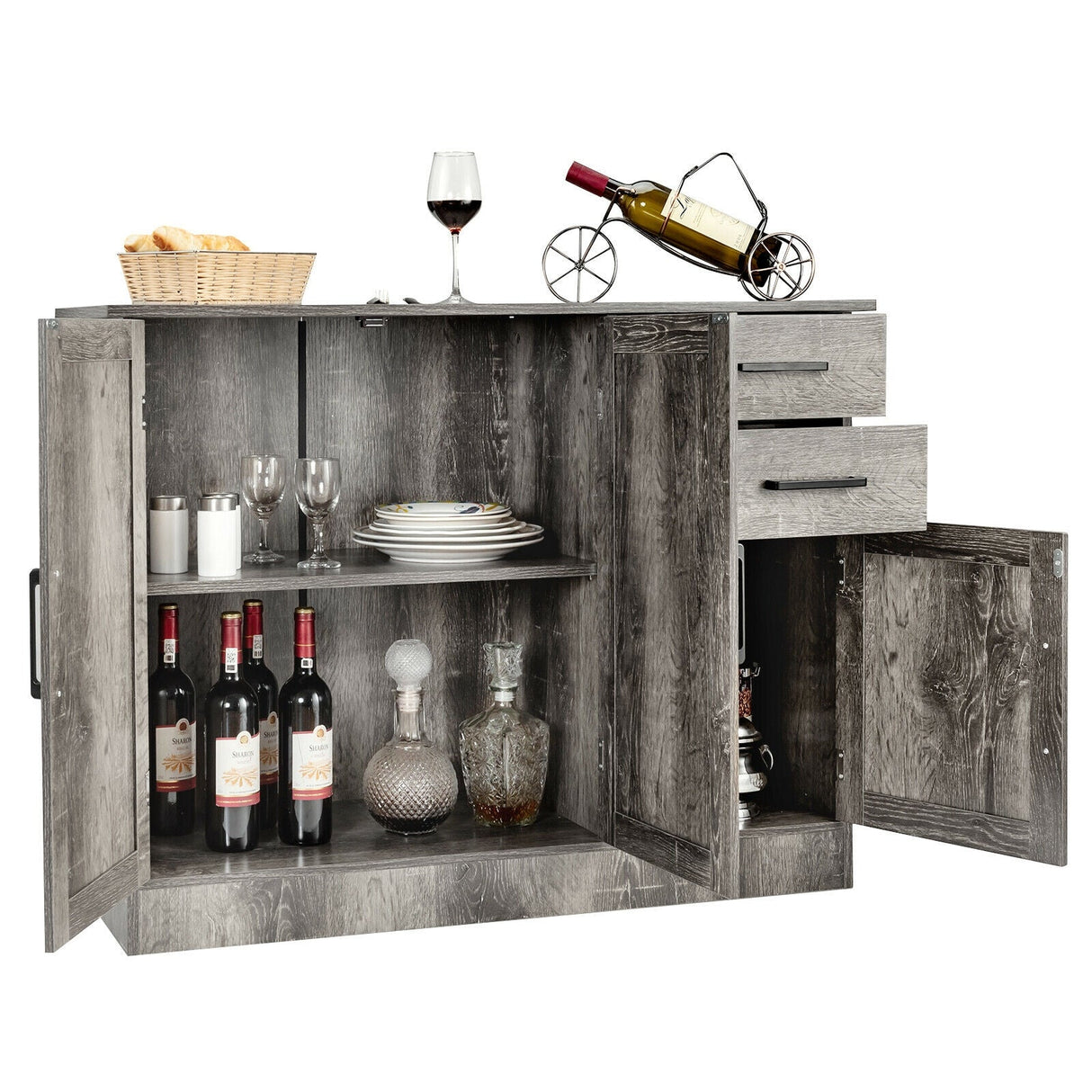Aparador de cocina con almacenamiento tipo bufé y 2 cajones - Gris