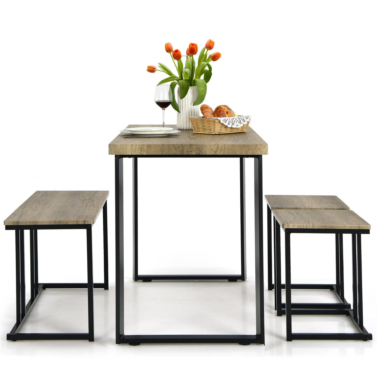 Juego de comedor industrial de 4 piezas con banco y 2 taburetes - Roble