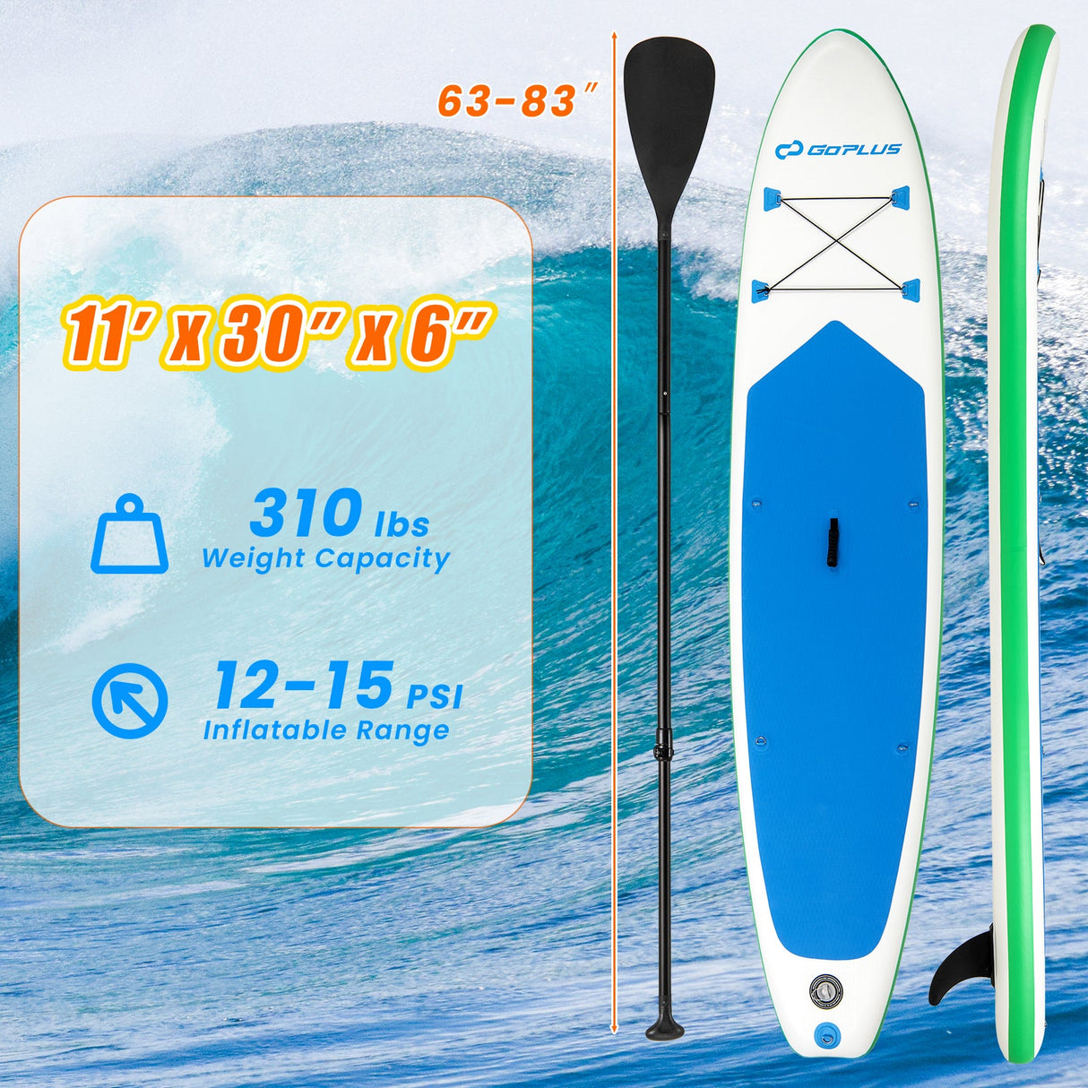 Tabla de pádel inflable premium de 11 pies con accesorios y kit de reparación - Grande