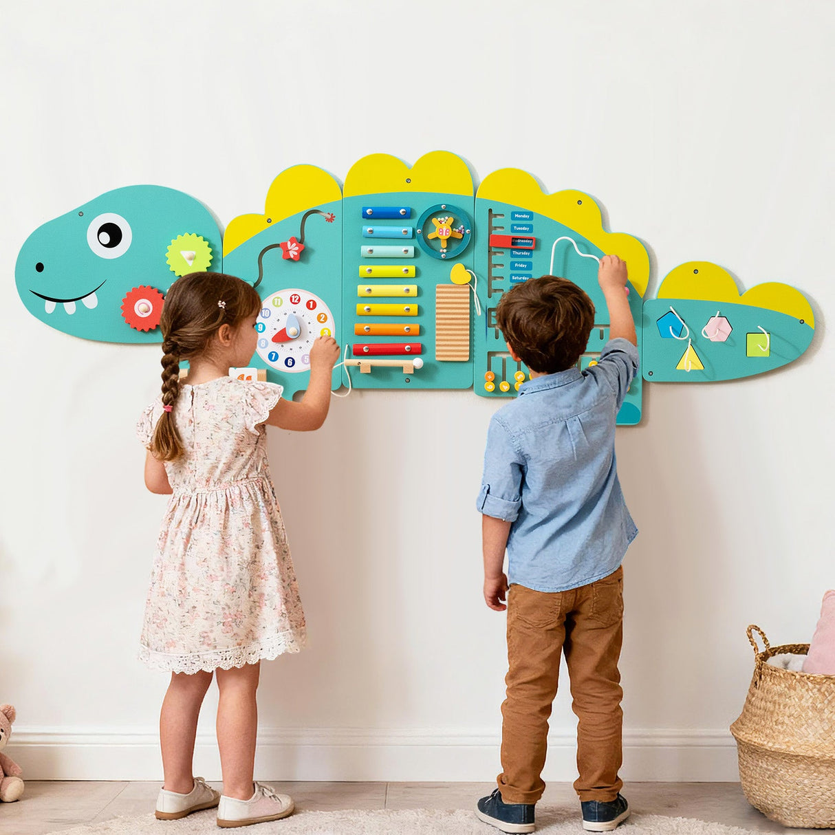 Paneles de pared de actividades de dinosaurios 11 en 1, tablero ocupado para educación y desarrollo temprano de niños pequeños