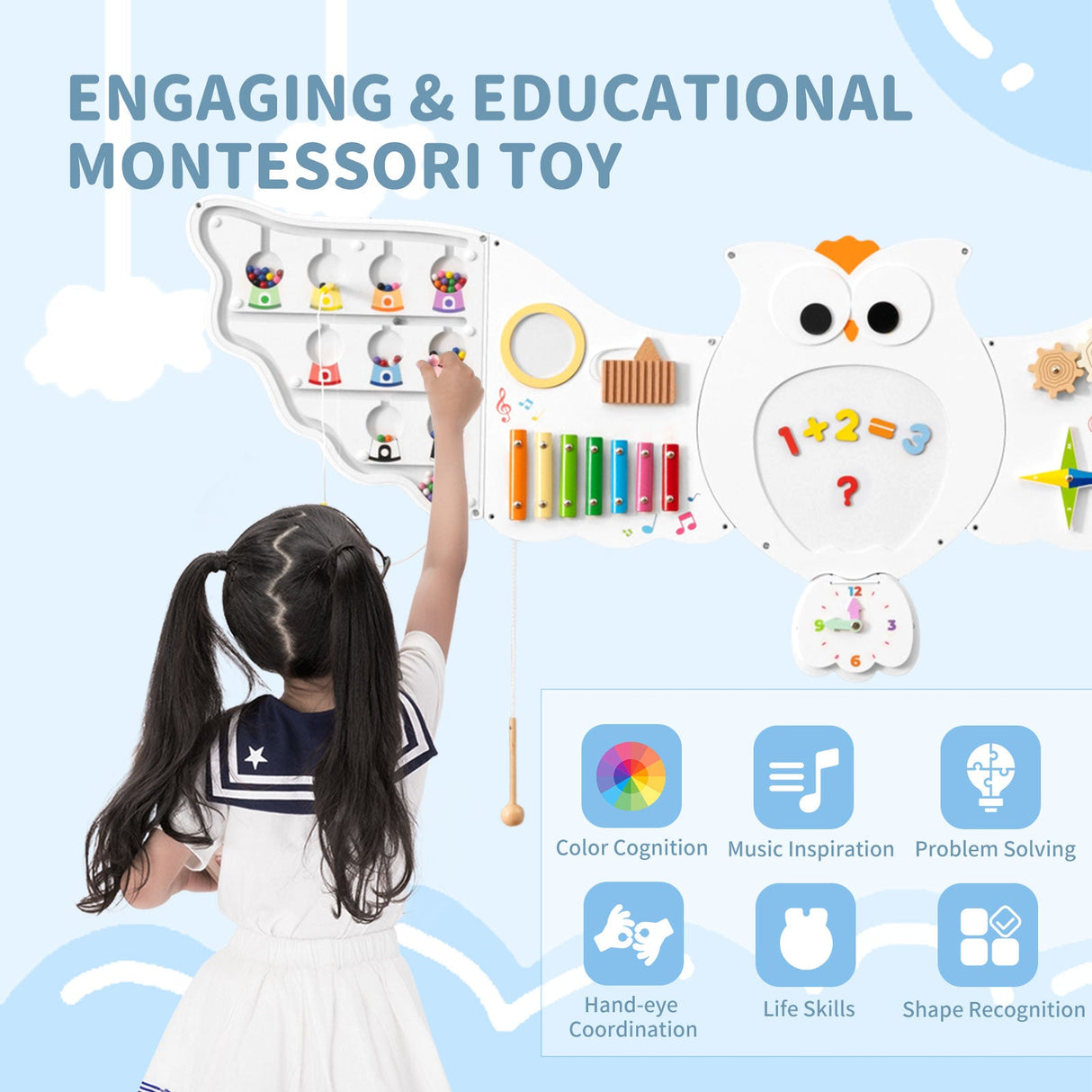 Centro de actividades de aprendizaje 11 en 1 para niños pequeños, paneles de pared con actividades de búho para niños de 3+ años