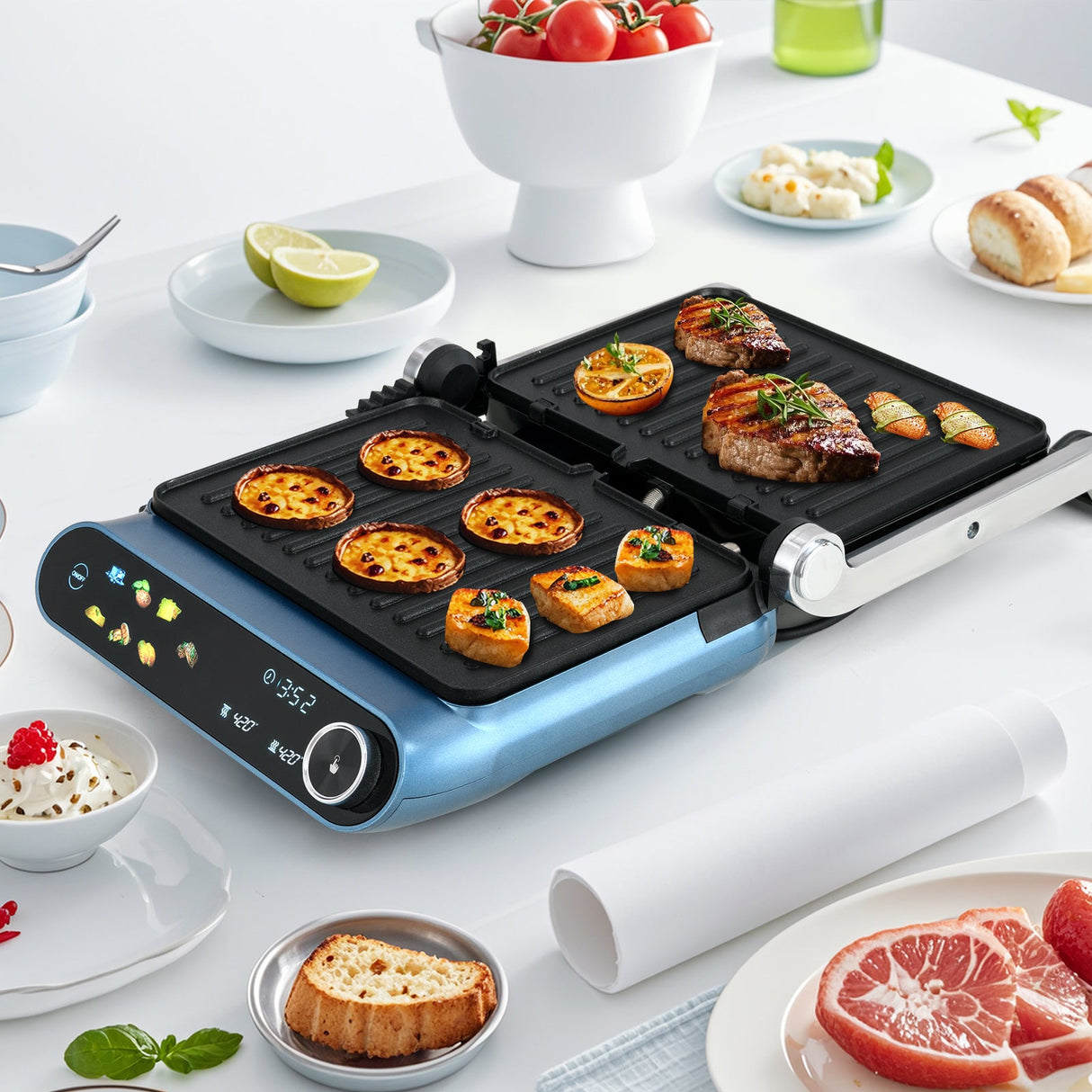 Prensa Panini y Parrilla de 1200 W con pantalla LED y 7 modos de cocción - Azul