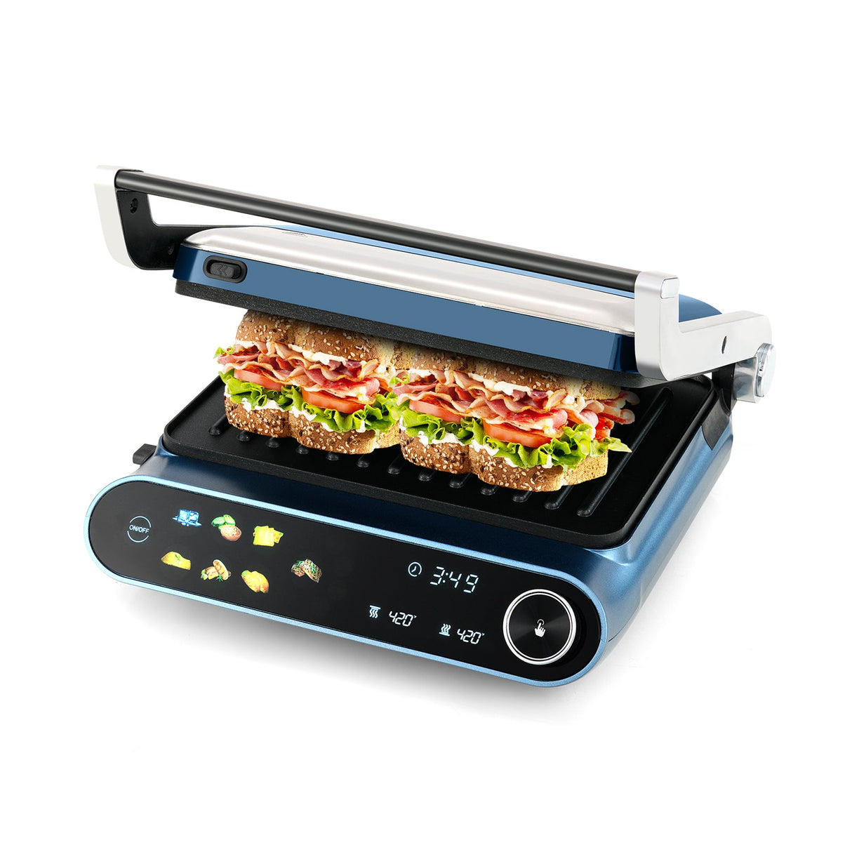 Prensa Panini y Parrilla de 1200 W con pantalla LED y 7 modos de cocción - Azul