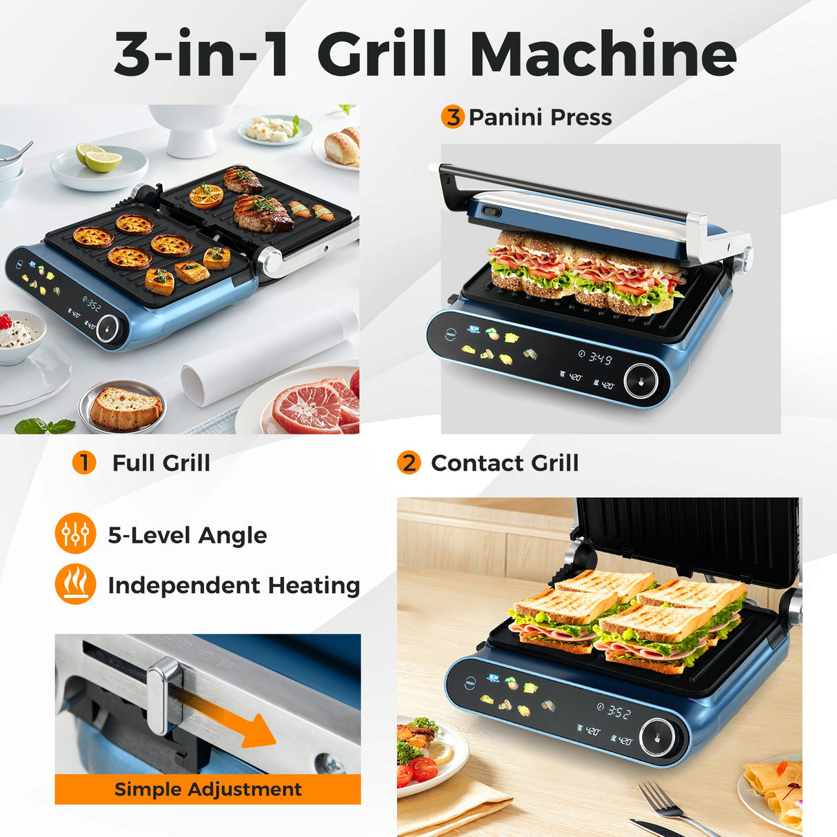 Prensa Panini y Parrilla de 1200 W con pantalla LED y 7 modos de cocción - Azul