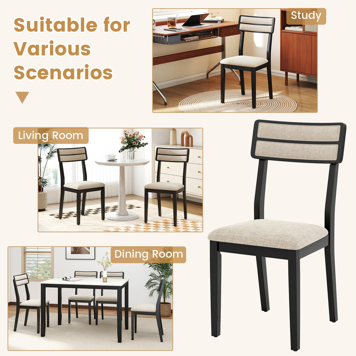 Juego de 4 sillas de comedor modernas con respaldo reclinable para comedor - Negro