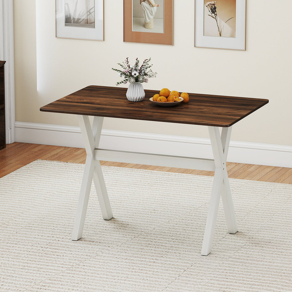 Mesa de comedor moderna, mesa de cocina de madera con estructura en forma de X - Blanca