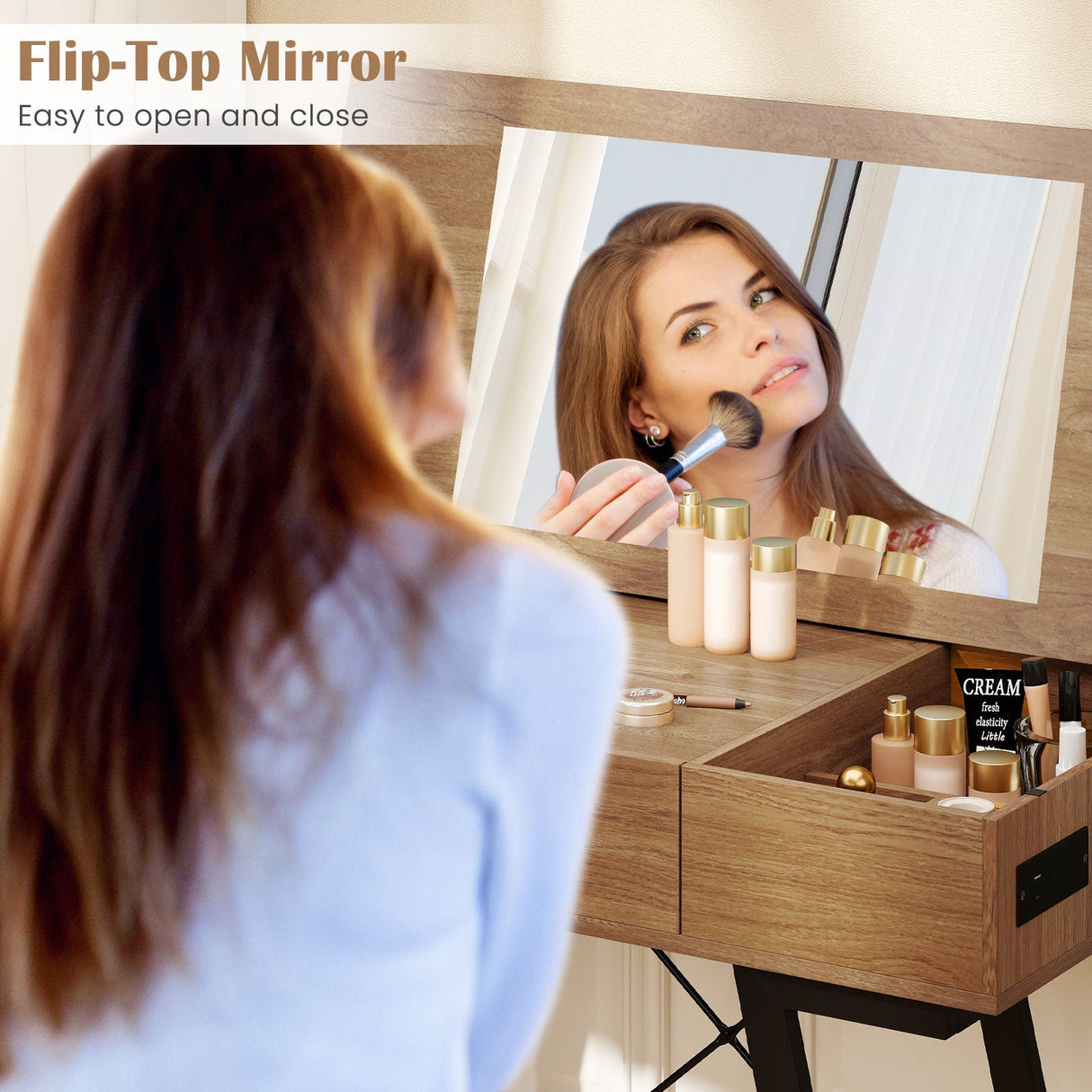 Tocador con espejo elevable, mesa de maquillaje, estilo rústico-marrón