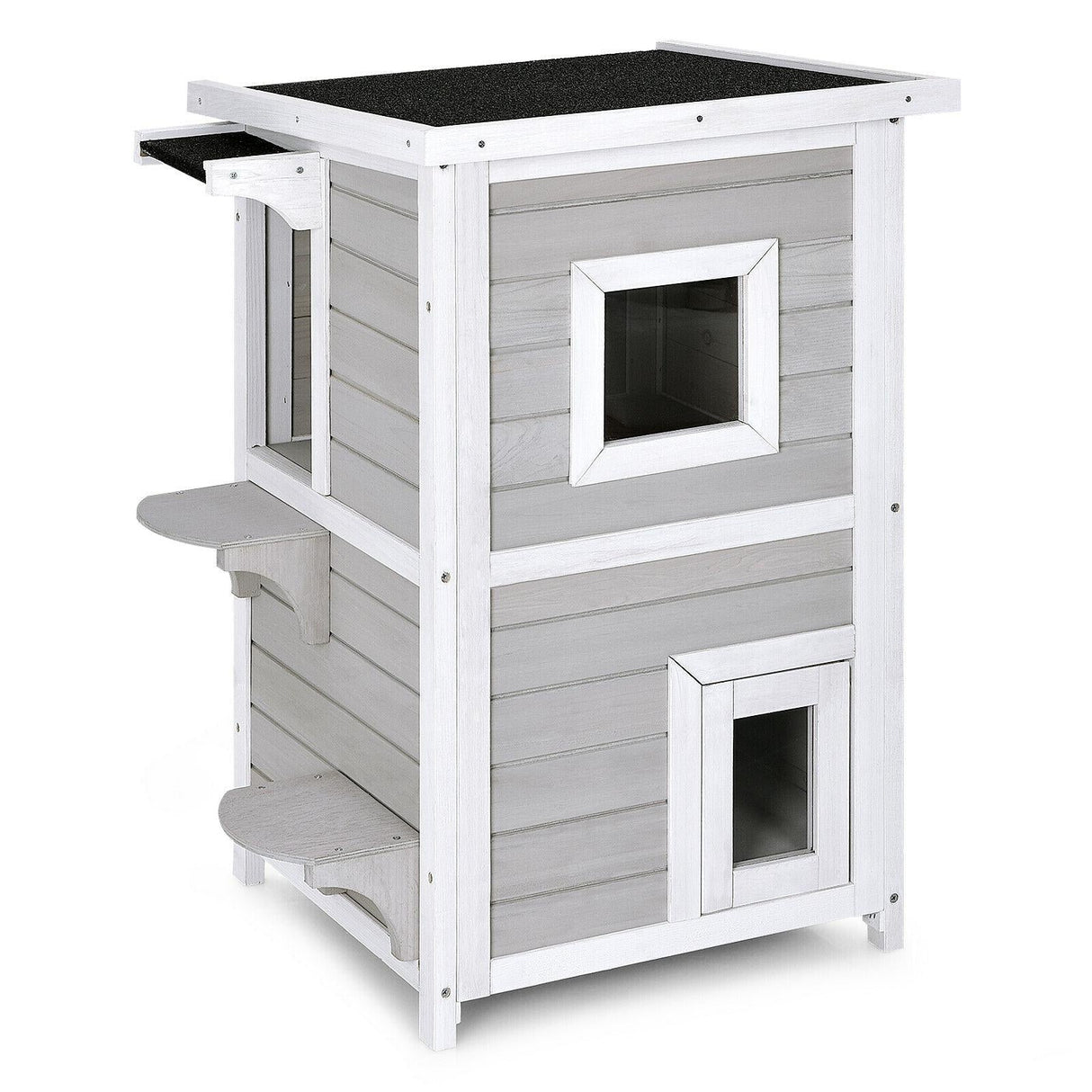 Casa de madera para gatos de 2 pisos con puerta de escape a prueba de lluvia