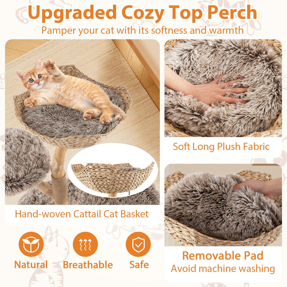 Árbol para gatos de madera maciza, árbol para gatos de peral con plataforma y postes rascadores de sisal - Marrón
