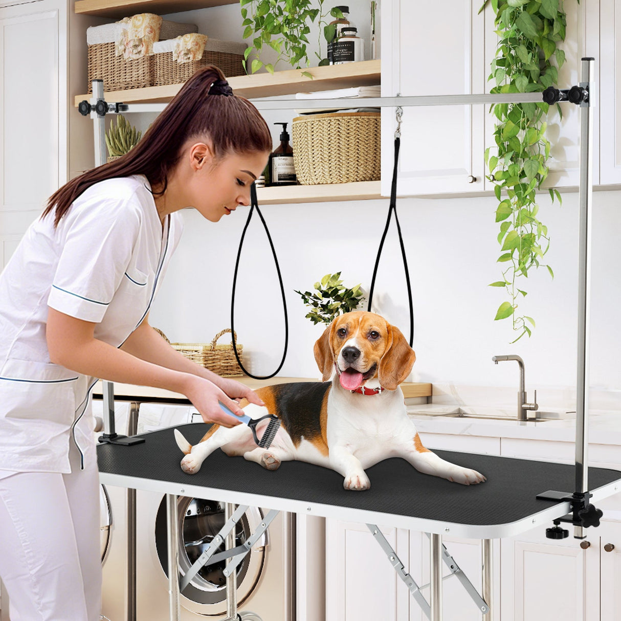 Mesa de peluquería canina plegable con brazos ajustables en altura - Negra