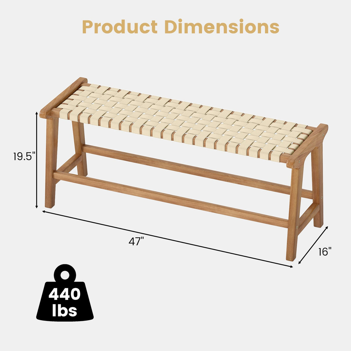 Banco de patio de madera de teca de 47 pulgadas de largo con asiento de mimbre y patas de madera maciza - Natural