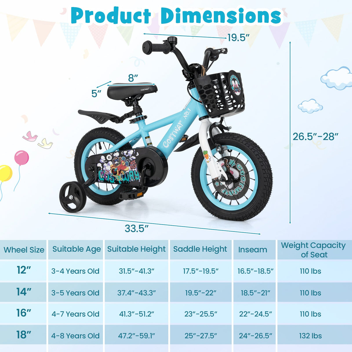 Bicicleta infantil de 14 pulgadas con manillar y sillín ajustables para niños de 3 a 5 años - 14 pulgadas
