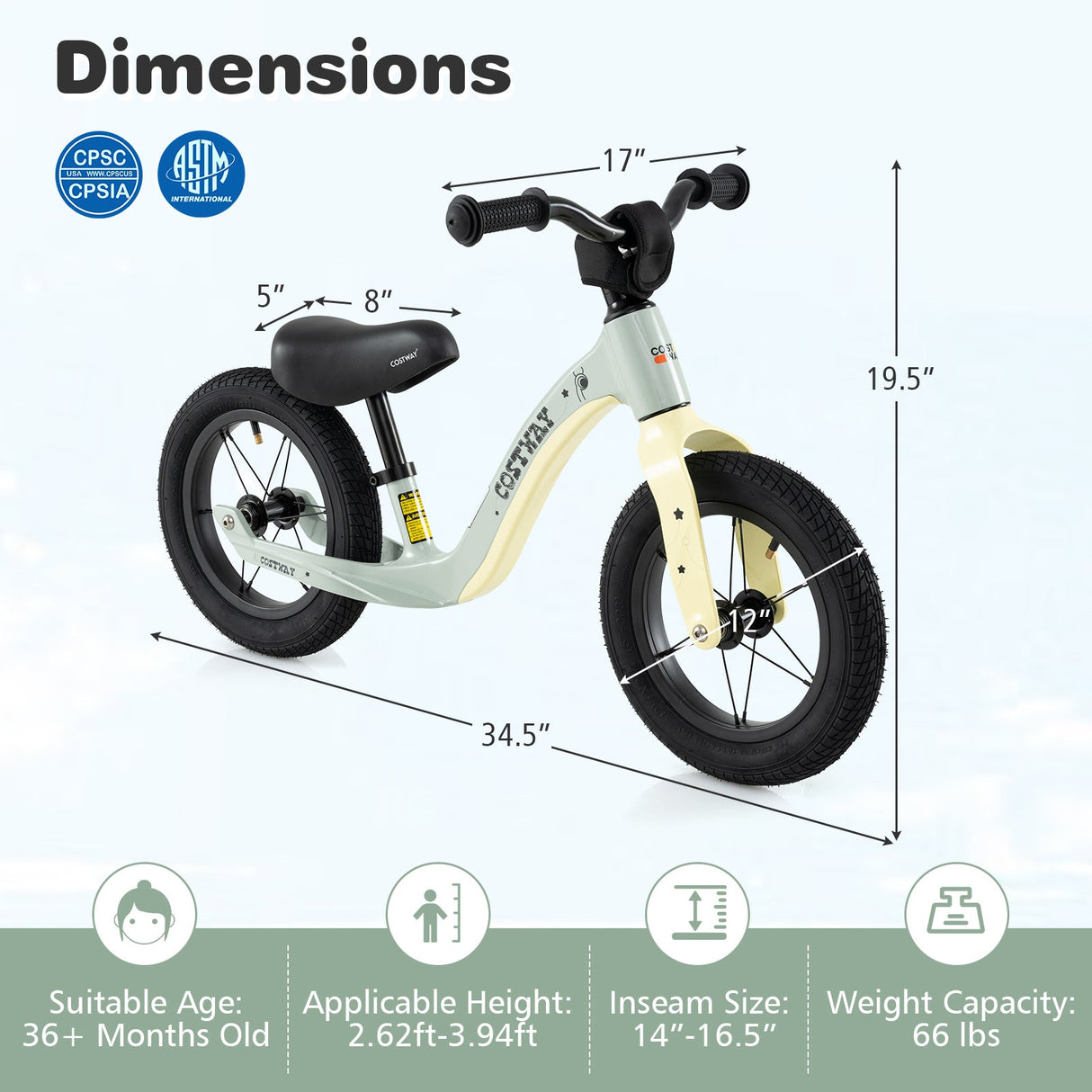 Bicicleta de equilibrio de 12 pulgadas con asiento ajustable y manillar giratorio para mayores de 36 meses