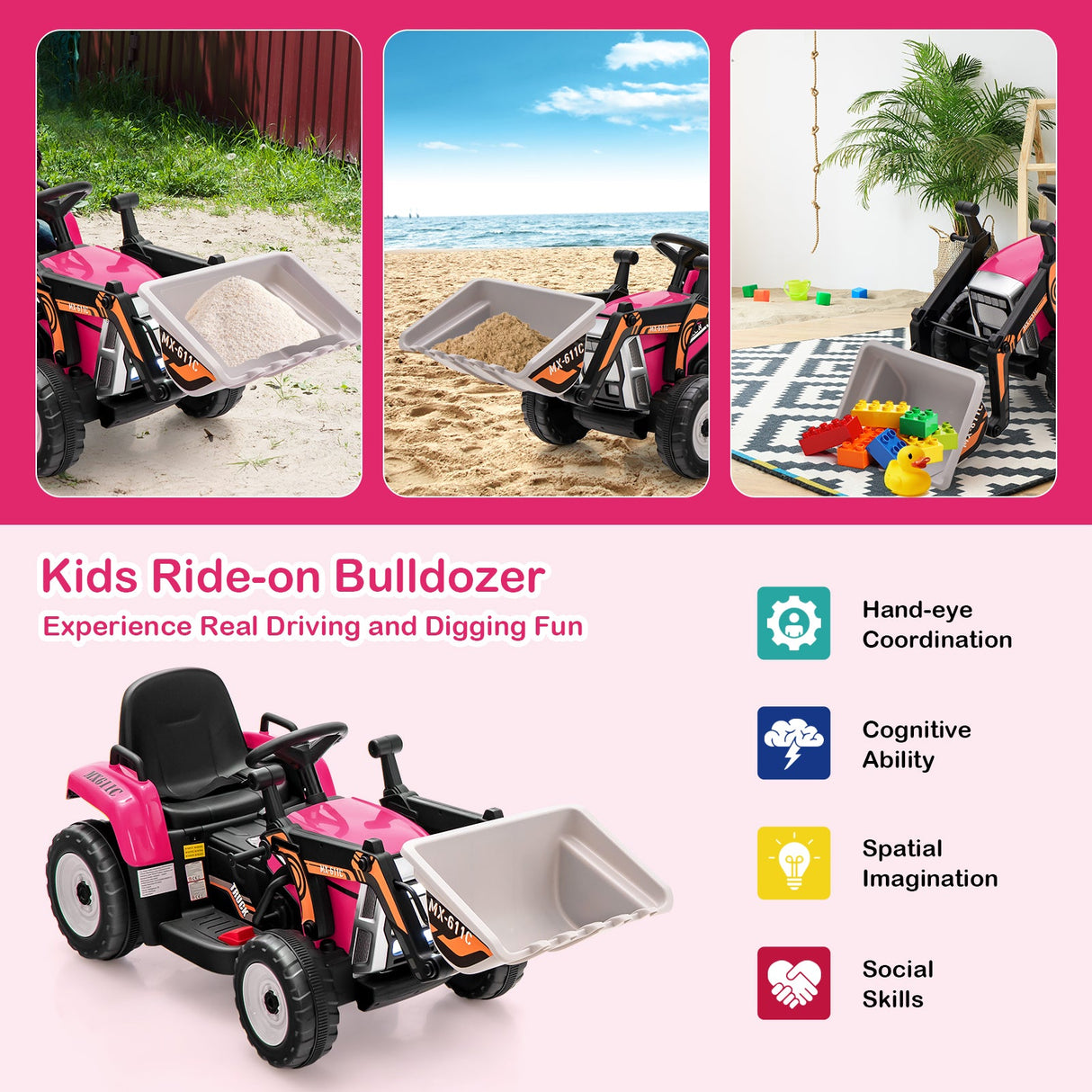 Excavadora montable para niños de 12 V con batería, brazo y pala ajustables