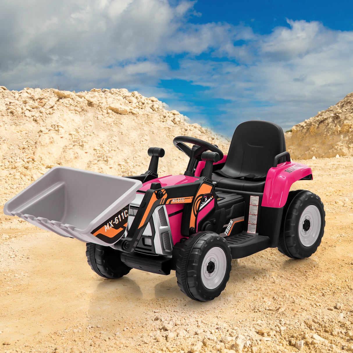 Excavadora montable para niños de 12 V con batería, brazo y pala ajustables