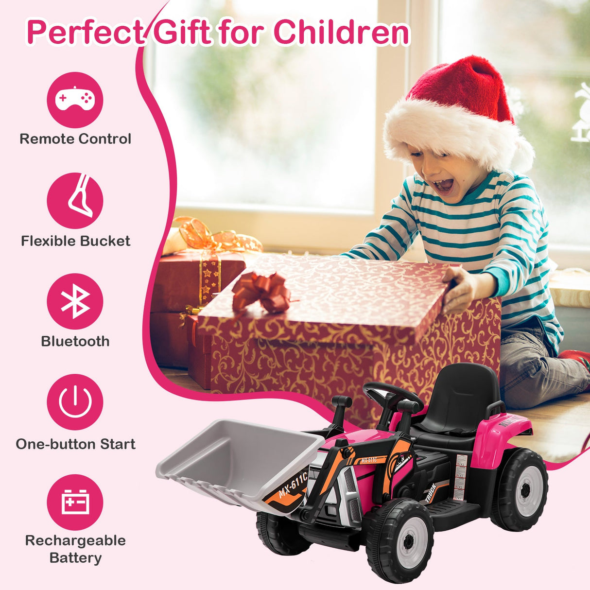 Excavadora montable para niños de 12 V con batería, brazo y pala ajustables